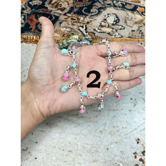 Handmade Sterling Silver Cotton Candy Turquoise Necklace, Signed Nizhoni